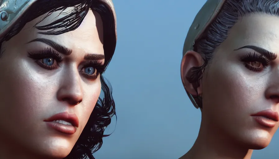 Image similar to closeup fallout 4 character screenshot of katy perry, enb, ambient occlusion, subsurface scattering, solo portrait, 4 k, bokeh, beautiful, detailed