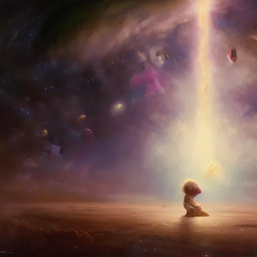 Image similar to a lonley and gloomy baby in middle of space surrounded by colorful stars planets and galaxies, high detail, by gaston bussiere, bayard wu, greg rutkowski, odd nerdrum, maxim verehin, dan dos santos, masterpiece, sharp focus, cinematic lightning