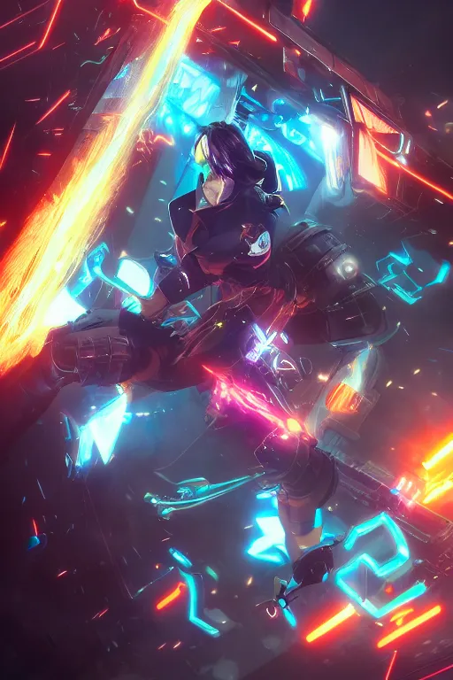 Image similar to a cyberpunk mage charging up a powerful attack, wlop, trending on artstation, deviantart, anime key visual, official media, professional art, 8 k uhd