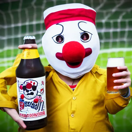 Image similar to silly little grumpy man clown with a beer in front of a soccer match