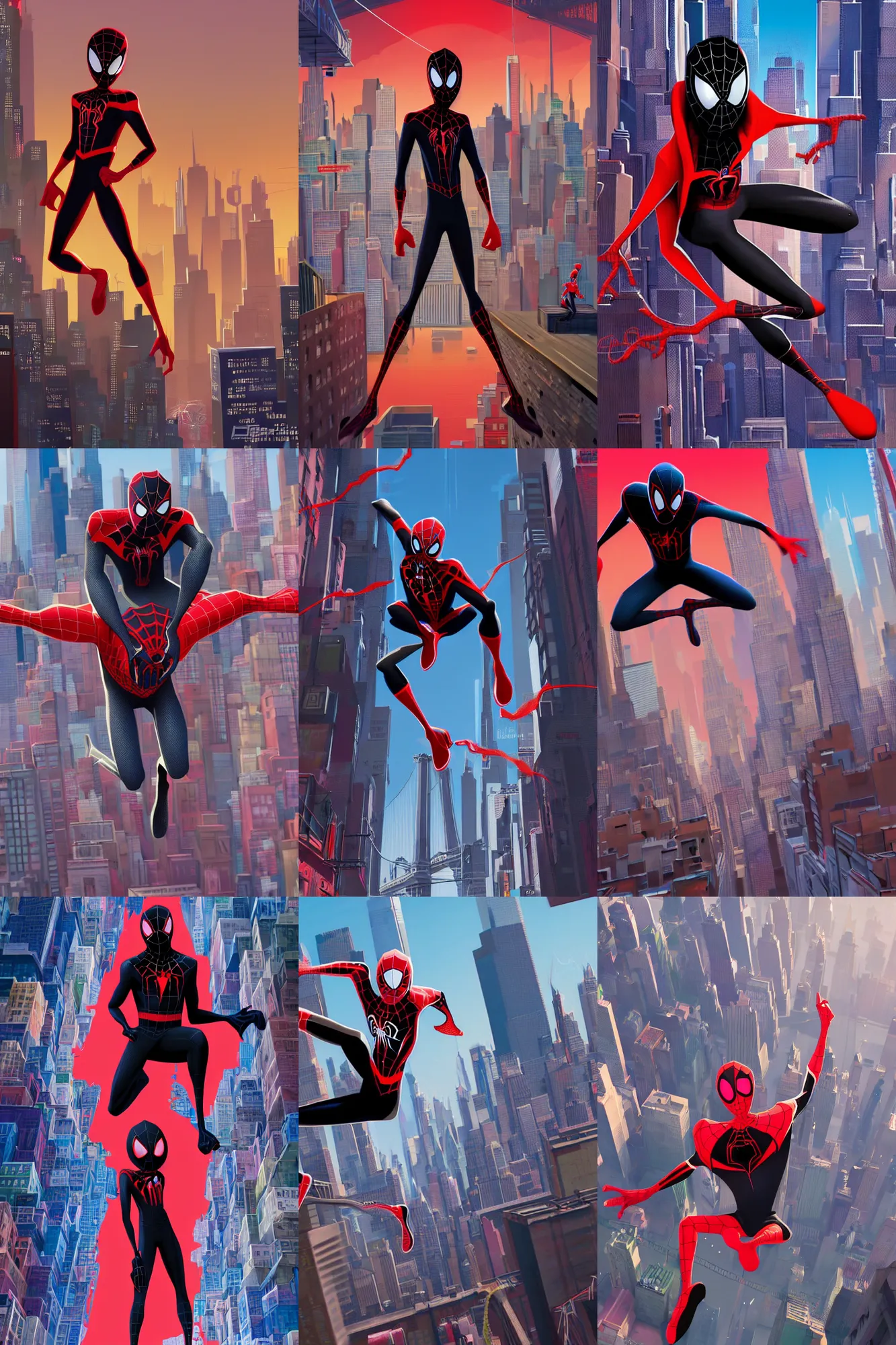 Prompt: exciting matte painting full body character illustration of miles morales spiderman from into the spiderverse swinging through brooklyn new york, black and red color scheme costume, miles morales!!!, into the spiderverse, spiderverse, 8 k, octane render, spiderman costume, in the style of sony pictures animation, movie poster, smooth, well proportioned body, realistic proportions