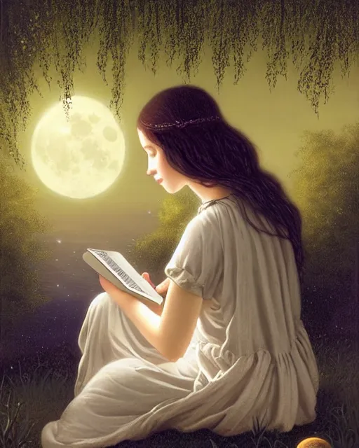 Prompt: girl in white nightgown reading a book by the river, a full moon on the horizon, dark starry sky, dreamy fantasy ambience with golden orbs and fireflies, detailed gothic illustration bright moon light, by edmund blair leighton, brom, charlie bowater, face by otto schmidt