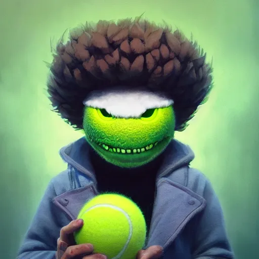 Image similar to highly detailed vfx portrait of a character of a tennis ball monster stephen bliss, chalk, unrealengine, greg rutkowski, loish, rhads, beeple, chalk, makoto shinkai and lois van baarle, ilya kuvshinov, rossdraws, tom bagshaw, basil gogos