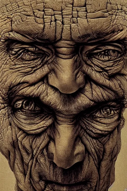 Prompt: ascii art, hyperrealism oil painting, close - up portrait of a scary old man with ten eyes and mandibles, in style of baroque zdzislaw beksinski