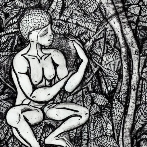 Image similar to The Thinker Sculpture covered in vibes and other plants, sitting in a dense luscious forest, B&W ink sketch, Naturalist notebook