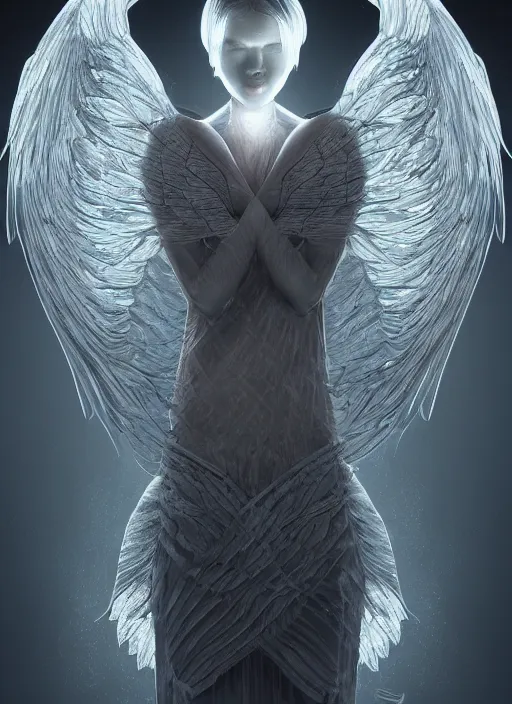Image similar to Beautiful female angel, digital Art, trending on Artstation, dramatic lighting, face symmetry, full body, intricate wings