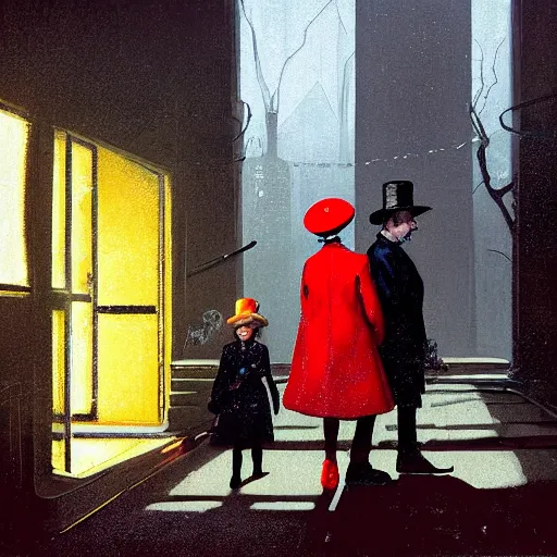 Prompt: a highly detailed epic cinematic concept art, cyberpunk, a thin man in a black coat and bowler hat talks with small young girl who is dressed in a red coat and a red hat, park, autumn, in the style of Francis Bacon and Syd Mead and Norman Rockwell and Beksinski, painted by Francis Bacon and Edward Hopper, painted by James Gilleard, surrealism, airbrush, Ilya Kuvshinov, WLOP, Stanley Artgerm, very coherent, triadic color scheme, art by Takato Yamamoto and James Jean, high detail, width 768