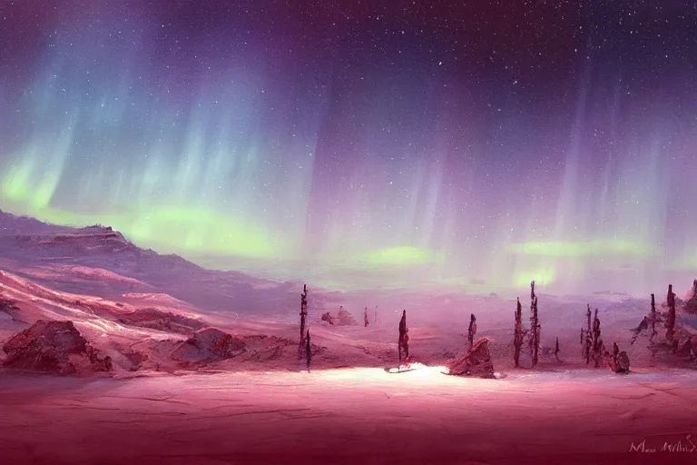 Image similar to A beautiful painting of the vast snow desert at night with the northern lights by marc simonetti, matte painting