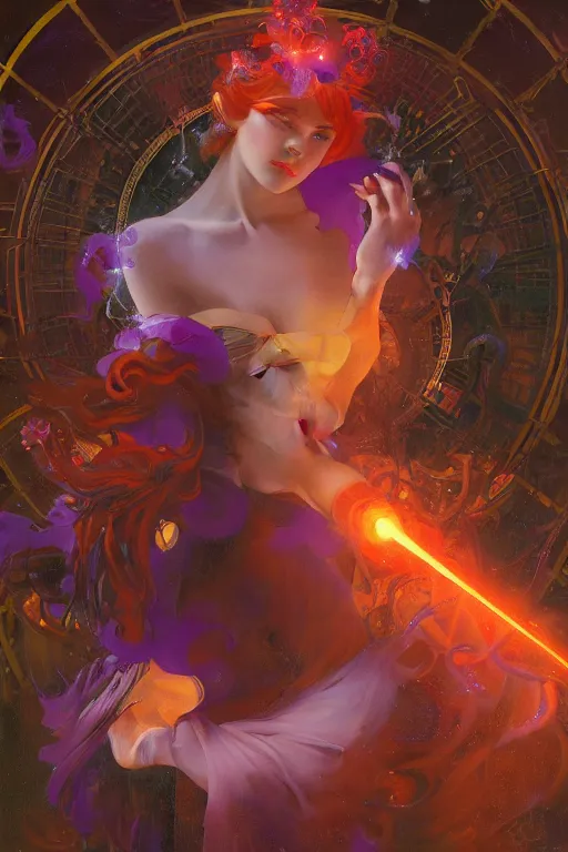 Image similar to she dreams of arcs of purple flame intertwined with glowing sparks, glinting particles of ice, dramatic lighting, steampunk, bright neon, secret holographic cyphers, red flowers, solar flares, high contrast, smooth, sharp focus, art nouveau, painting by Caravaggio and WLOP and ruan jia and greg rutkowski and Alphonse Mucha