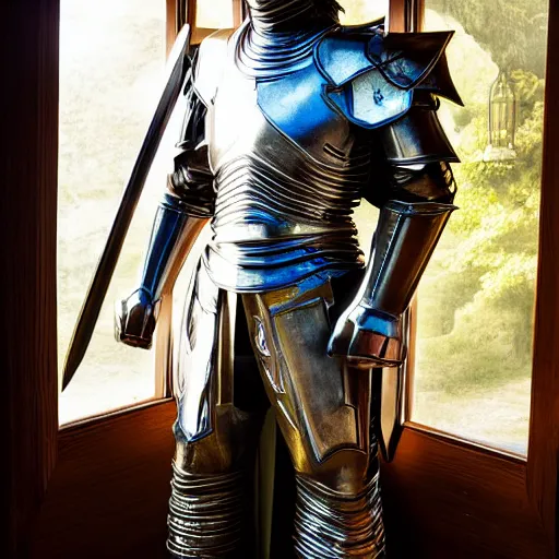 Prompt: evil knight, glowing halo, fantasy paladin, intricate legendary armor, located in a castle, morning sunlight through the window, decorated, high quality, highly detailed, 4 k