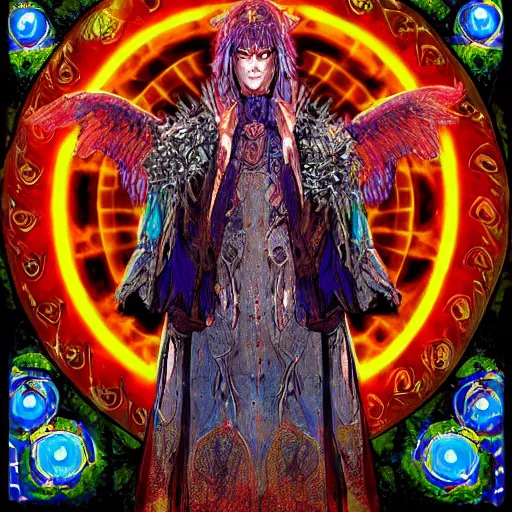 Image similar to 4K headshot portrait of godlike Warlock of Nazareth with defined arms and open hands and bloody clothes with giant mandala wings , intricate face , flawless anime cel animation by Kentaro Miura, psychedelic , highly detailed upper body , professionally post-processed , beautiful, scary, symmetry accurate features, epic, octane rendered, anime masterpiece, accurate by Craig Mullins, ilya kuvshinov, krenz cushart, epic , artgerm trending on artstation by Edward Hopper and Dan Mumford and WLOP and Rutkovsky, beksinski carl spitzweg moebius and tuomas kocar, intricate artwork by caravaggio, Unreal Engine 5, Lumen, Nanite