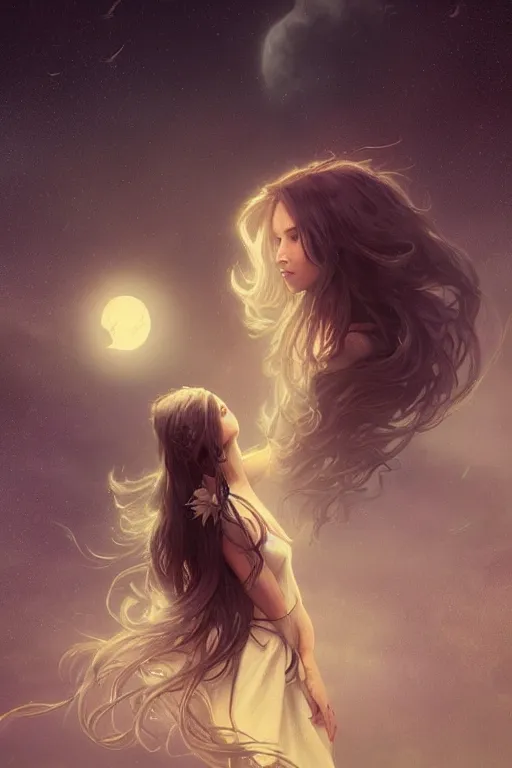 Prompt: fantasy, long hair, girl, portrait, cloud sky and moon night background, high detail, cinematic lighting, concept art, digital art, illustration, smooth, sharp focus, greg rutkowski, alphonse mucha, loish, wlop, trending on artstation, trending on deviantart