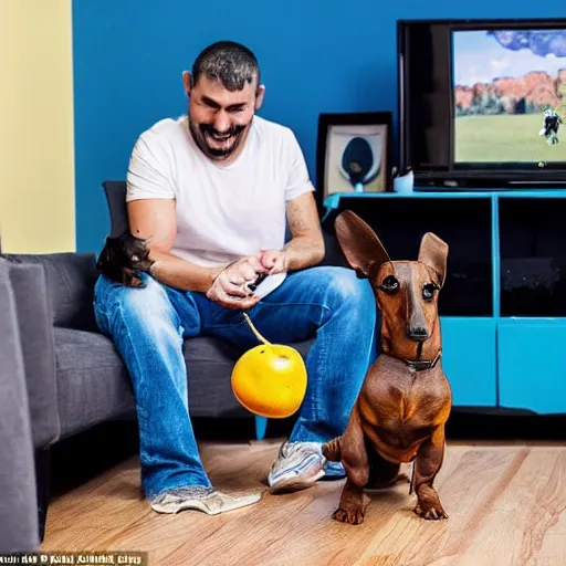 Image similar to award winning photograph, an argentinian playing fortnite with a dachshund, fruit around him, indoor, fun, friendly