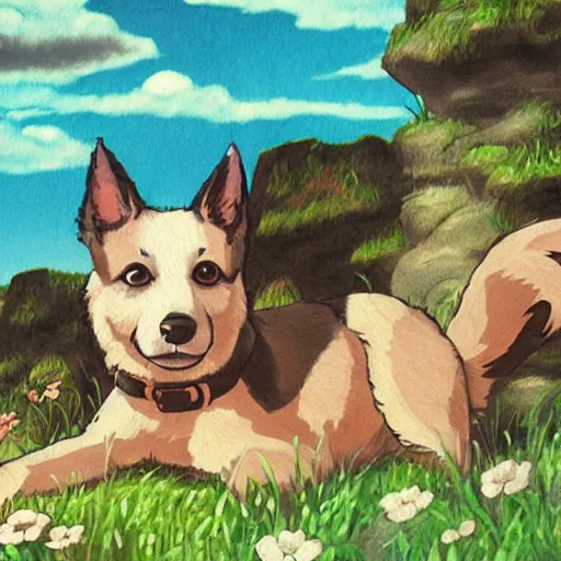 Image similar to painting of cute dog, full size, in style of studio ghibli, photorealistic