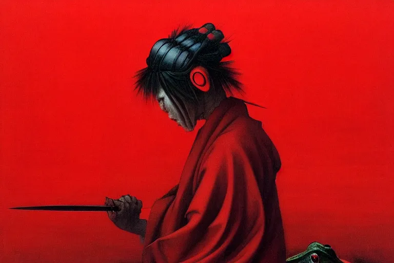 Image similar to only with red, a red samurai do seppuku, tokio, a lot of frogs watch, in the style of beksinski, parts by edward hopper, parts by rodcenko, parts by yue minjun, intricate and epic composition, red by caravaggio, insanely quality, highly detailed, masterpiece, red light, artstation, 4 k