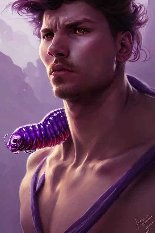 Image similar to male fighter fighting a purple worm, fantasy, amber eyes, face, long hair, intricate, elegant, highly detailed, digital painting, artstation, concept art, smooth, sharp focus, illustration, art by artgerm and greg rutkowski and alphonse mucha