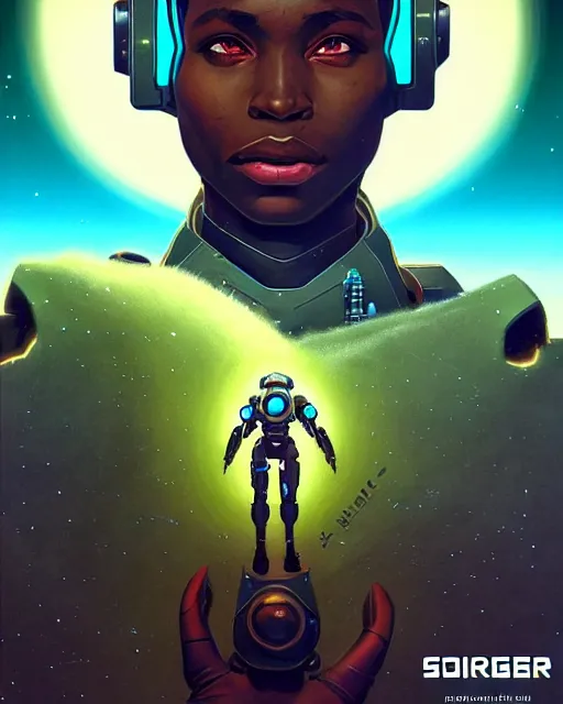 Prompt: sojourn from overwatch, african canadian, gray hair, teal eyes, character portrait, portrait, close up, concept art, intricate details, highly detailed, vintage sci - fi poster, retro future, vintage sci - fi art, in the style of chris foss, rodger dean, moebius, michael whelan, and gustave dore