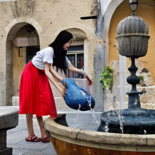 Image similar to anime girl in a greek womans clothing pouring water out of a gourd into a fountain, spanish alleyway