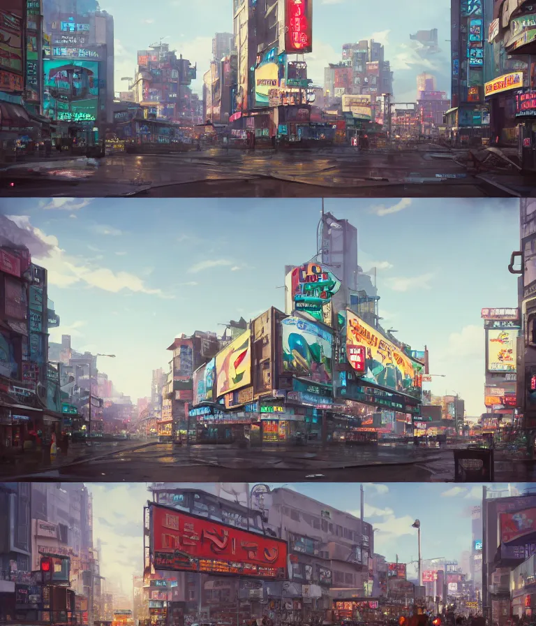 Image similar to A highly detailed matte painting of Buildings with Billboards and neonsigns by Studio Ghibli, Makoto Shinkai, by Artgerm, by WLOP, by Greg Rutkowski, volumetric lighting, octane render, 4K resolution, trending on artstation, masterpiece