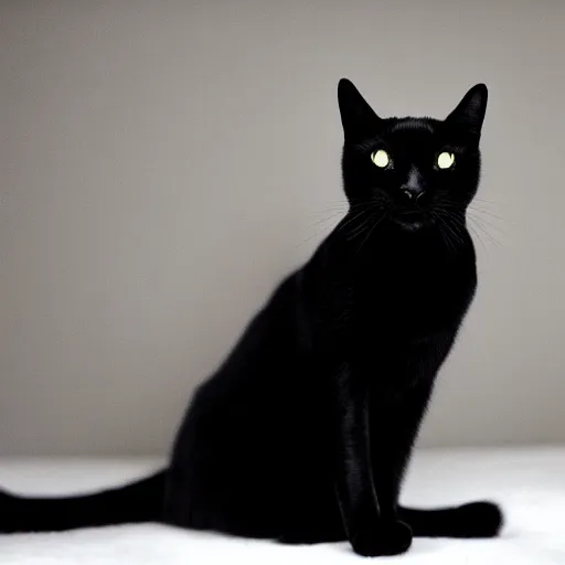 Image similar to national geographic photograph of a black cat sitting in a white room