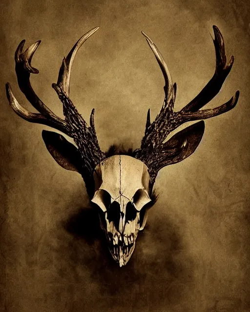 Image similar to deer - skull ghost - spirit of the grim - warpaint wears the scarlet skull armor and native blood headdress antlers, midnight fog - mist!, dark oil painting colors, realism, cinematic lighting, various refining methods, micro macro autofocus, ultra definition, award winning photo, photograph by ghostwave - gammell - giger - shadowlord