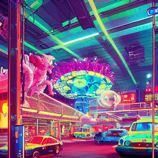 Prompt: citypop, katsuhiro - otomo, satoshi - kon, wayne - coyne, peewee ’ s - playhouse, vivid - colors, high detail, octane render, artstation,