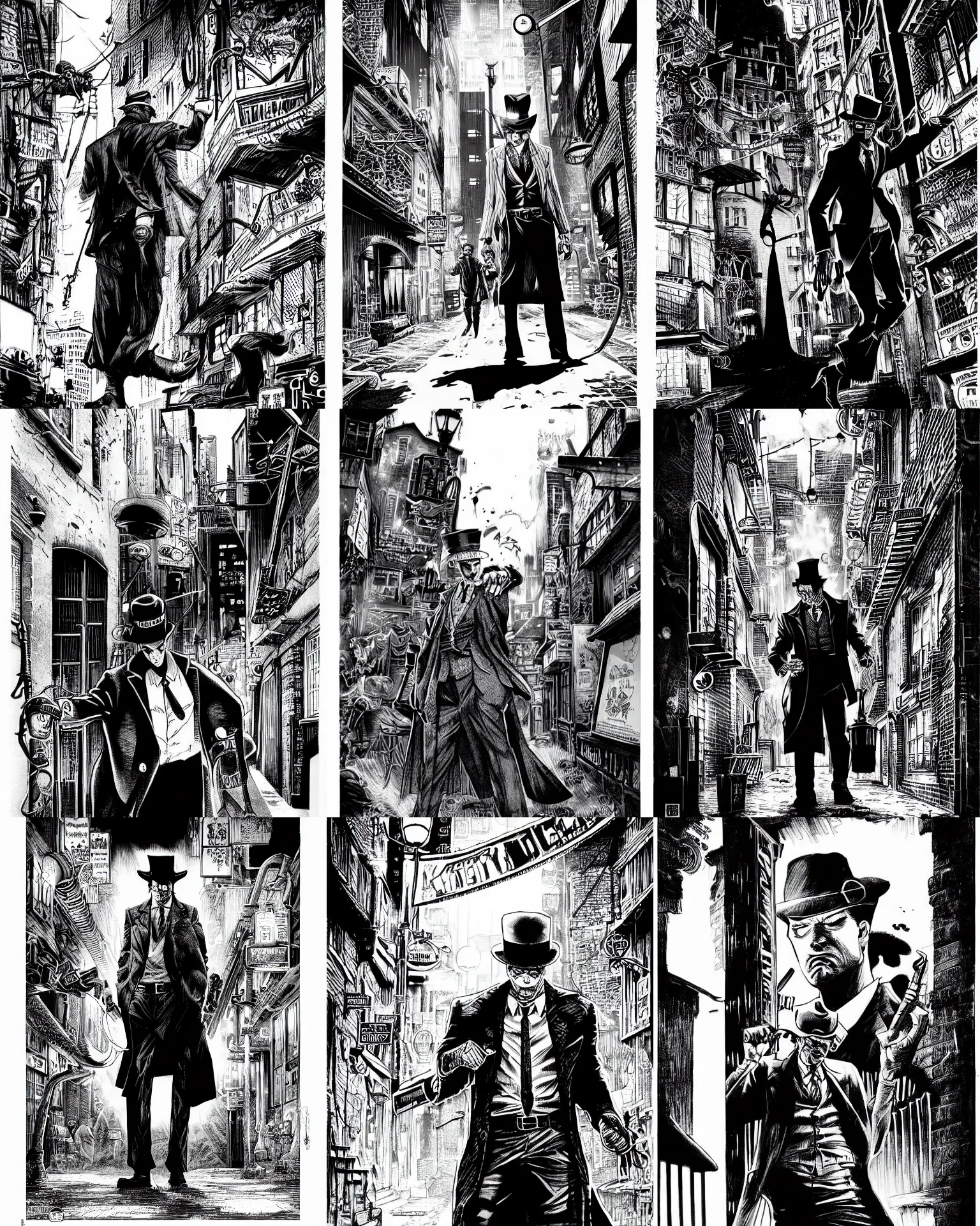 Prompt: highly detailed ink illustration of detective noir on a dark alley, b & w clean shaped illustration by kim jung gi, ric estrada, ron english and eiichiro oda