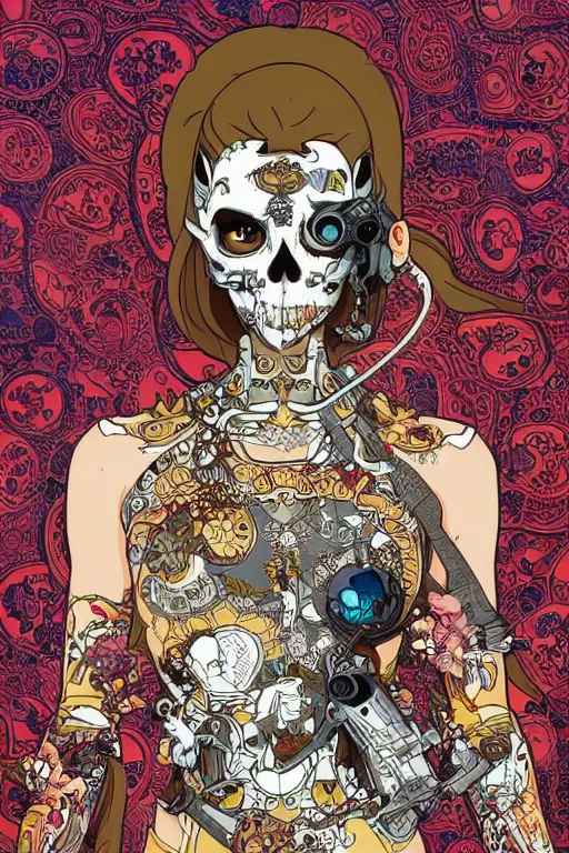 Image similar to beautiful skull cyborg girl female illustration detailed patterns art of thai traditional dress, pop art, splash painting, art by geof darrow, ashley wood, alphonse mucha, makoto shinkai