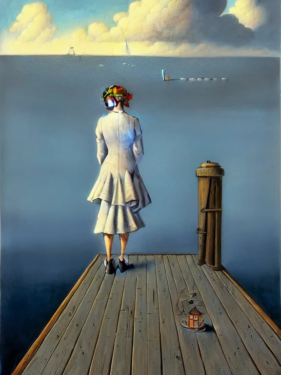 Prompt: a fancy beautiful woman standing on a wharf at the edge of a cold sea by rob gonsalves and vladimir kush and ruth deckard and gil elvgren and harry ekman and george petty and hilo chen and norman rockwell, crisp details, hyperrealism, high detail, high contrast, low light, grey mist, cobblestones, dim lantern