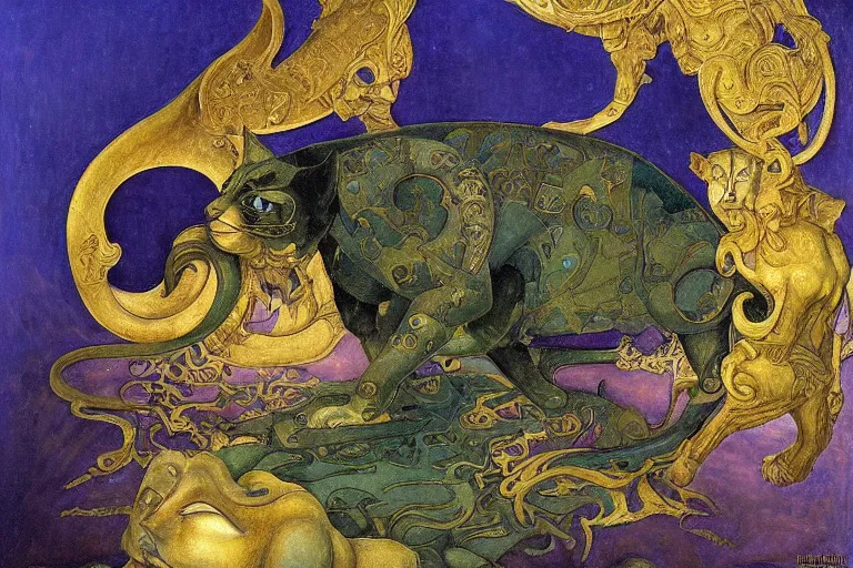 Image similar to ornate mechanical cat, by annie swynnerton and diego rivera and nicholas roerich and jean delville, symbolist, dramatic lighting, god rays, elaborate geometric ornament, art brut, colors are soft greens and blues and purple, smooth, sharp focus, extremely detailed, adolf wolfli and ( donato giancola )