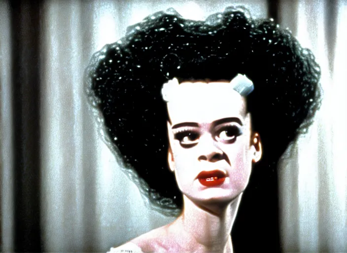 Image similar to bride of frankenstein as a teen, still from john hughes movie sixteen candles