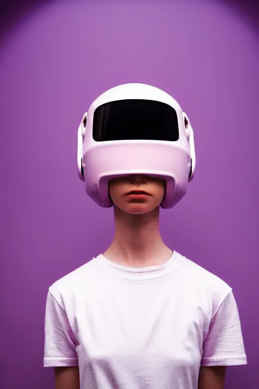 Prompt: a high definition film photograph of a normal androgynous robot human wearing a plain white t - shirt, in a pastel pink room. happy. metal visor covering eyes. mirrorball helmet. crushed shadows.