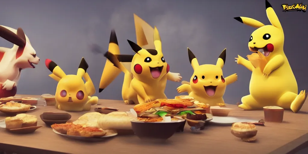 Prompt: a realistic Pikachu and a charizard next to a table eating a delicious hamburger, digital art, wide shot, highly detailed, hyperrealistic, photorealistic, unreal engine 5, very detailed, made by a professional 3d artist, dynamic lighting, trending on artstation, 4k uhd, epic composition, masterpiece