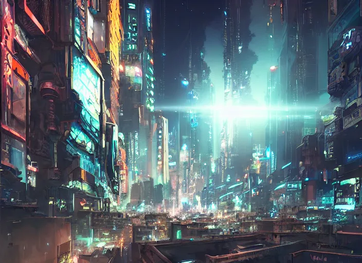 Image similar to meteorite hitting a cyberpunk city at night by wlop, key visual, high detail, digital art