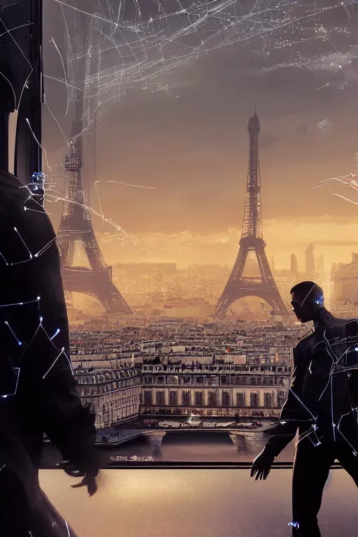 Image similar to in the foreground Paris, in the background a dark-haired man from behind playing with swirls of black energy coming out of his hands wearing a long matrix-style jacket, realistic, high definition, many details, dramatic scene, detailed and realistic hands, symmetrical face, realistic eyes, cyberpunk art 2077