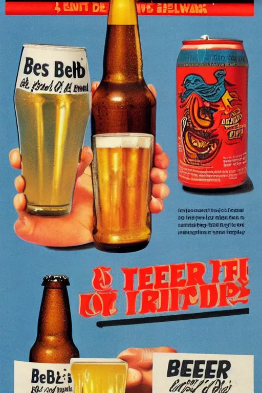 Prompt: beer advert, from the 8 0 s, print in a magazine