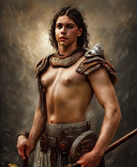 Image similar to portrait of a handsome young latin gladiator, art by denys tsiperko and bogdan rezunenko and franz xaver kosler, hyperrealism, fantasy art