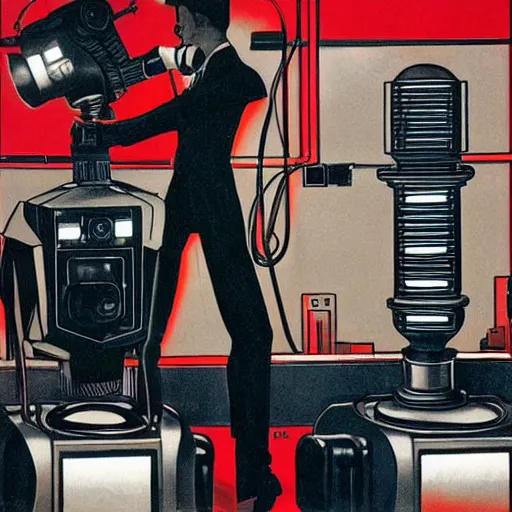 Prompt: man in futurist 6 0 ´ s lab, machines and futurist robots, red lights, leyendecker style, black suit