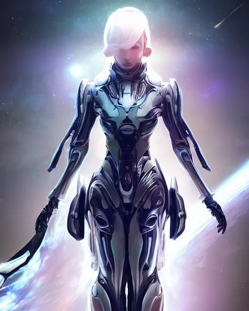 Image similar to photo of an android girl on a mothership, warframe armor, beautiful face, scifi, nebula, futuristic, space, galaxy, raytracing, dreamy, perfect, atmosphere, aura of light, pure, white hair, blue cyborg eyes, glow, insanely detailed, intricate, innocent look, art by akihiko yoshida, kazuya takahashi
