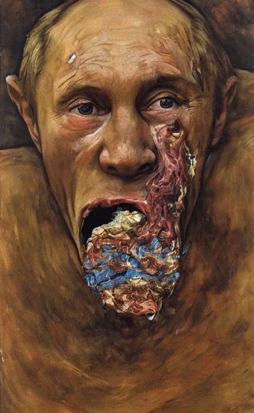 Image similar to Putin devouring used diapers covered in brown substance, Putin portrait, brown liquid dripping down mouth, face of fear, ugly body painted by Lucian Freud, Ilya Repin