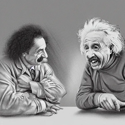 Image similar to Einstein and Newton speaks each other on a topic, pencil drawing, ultra detailed, octane render