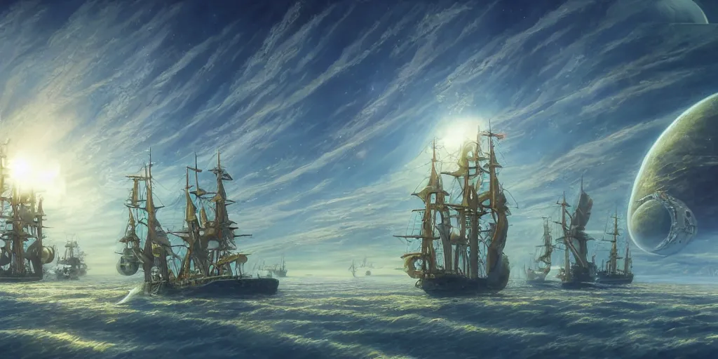 Prompt: Photorealistic epic science fiction painting of one solitary tall ship with three masts floating in space, by Rodney Matthews and Roger Dean. photorealism, UHD, amazing depth, glowing, golden ratio, 3D octane cycle unreal engine 5, volumetric lighting, cinematic lighting, cgstation artstation concept art