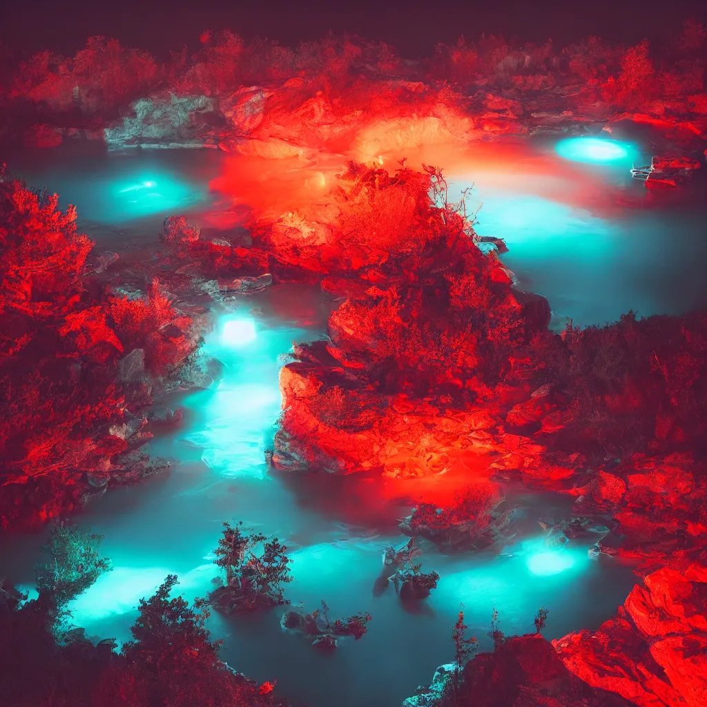 Image similar to rave in the red pond at night, light art, photo by reuben wu, jenni pasanen, epic composition, hd, octane, volumetric lighting, masterpiece,