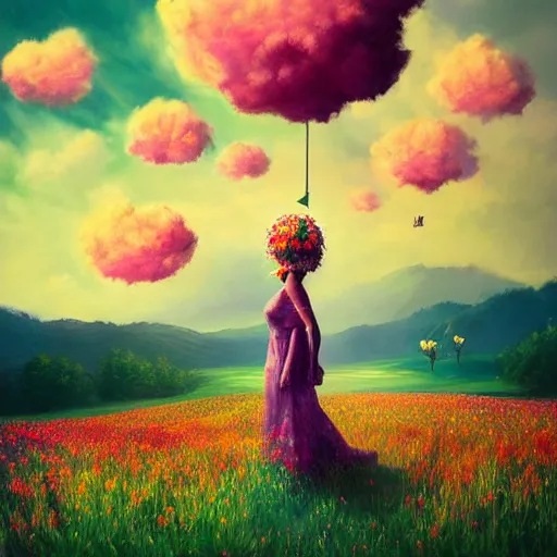 Image similar to girl with an exploding flower for a head, surreal photography, dream, standing in flower field, magical, in a valley, sunrise dramatic light, impressionist painting, colorful clouds, artstation, simon stalenhag, flower face