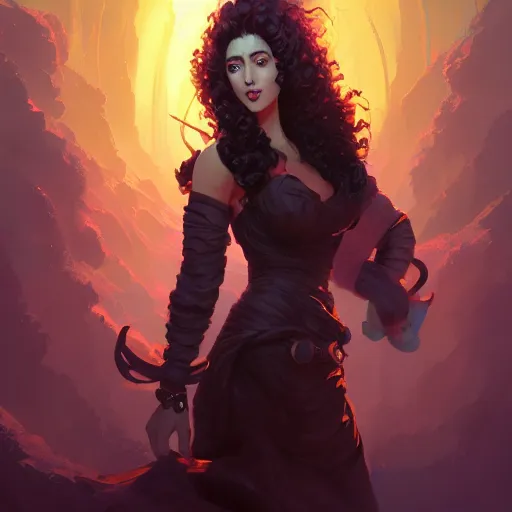 Image similar to portrait of a beautiful woman with black curly hair, maya ali mage, gloomhaven, dynamic lighting, gaudy colors, octane render aesthetic, matte painting concept art, official fanart behance hd artstation by jesper ejsing, by rhads and makoto shinkai and lois van baarle and ilya kuvshinov and rossdraws