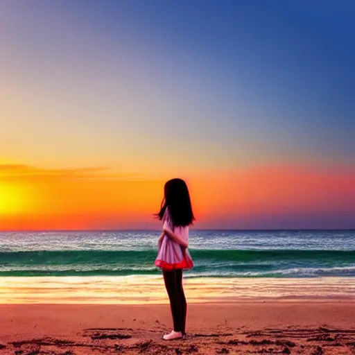 Prompt: anime girl looking at the sunset on the beach,