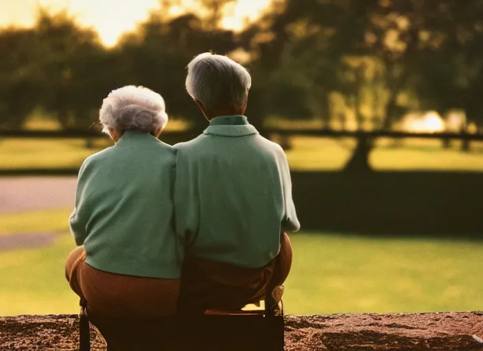 Image similar to a 2 8 mm macro photo from behind of an elderly couple sitting watching the city in silhouette in the 1 9 7 0 s, bokeh, canon 5 0 mm, cinematic lighting, dramatic, film, photography, golden hour, depth of field, award - winning, 3 5 mm film grain, low angle