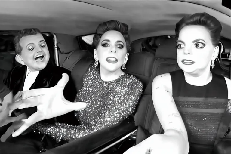 Image similar to lady gaga and judy garland doing carpool karaoke, lady gaga and judy garland, carpool karaoke, lady gaga, judy garland, carpool karaoke, youtube video screenshot, the late late show with james corden, higly realistic, high resolution, dashcam