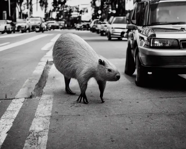 Image similar to a capybara walking in the streets of los angeles, street photography, black and white