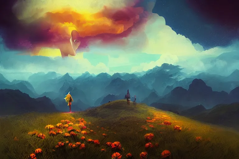 Image similar to giant dahlia flower as a head, girl walking on mountain, surreal photography, stars, dramatic light, impressionist painting, storm clouds, digital painting, artstation, simon stalenhag